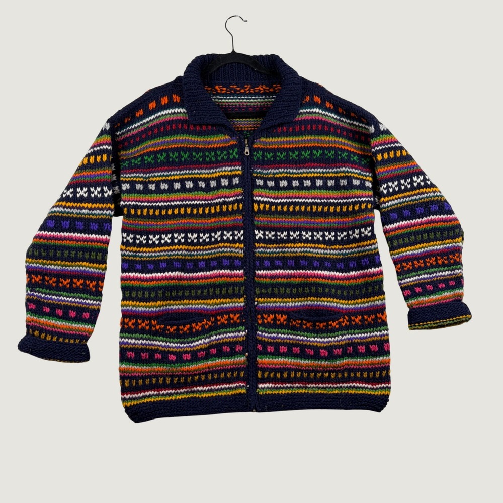 Vtg Chunky Knit Fair Isle Cardigan Zip Sweater L Stripe Boho Hippie Cottagecore